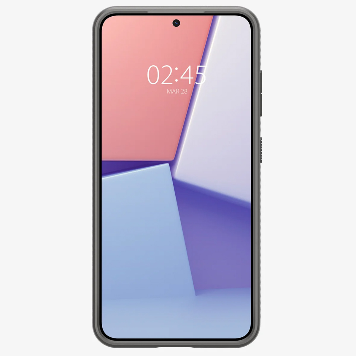 Un telefono in una custodia grigia che mostra uno sfondo astratto colorato. L'ora è 02:45, 28 marzo.