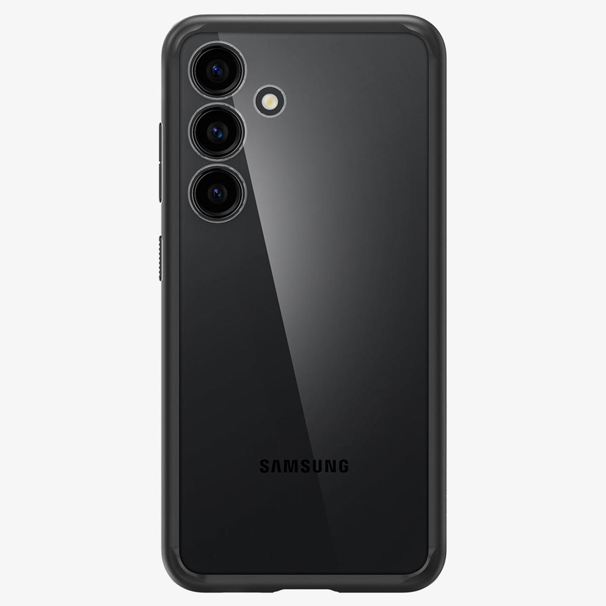 Custodia nera con retro trasparente. Il telefono ha fotocamera e tre lenti.