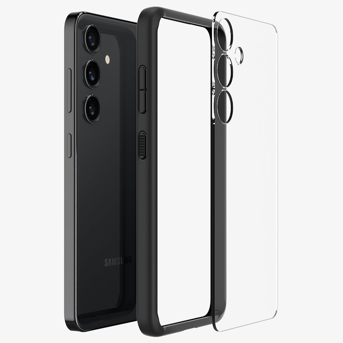 Telefono nero accanto a custodia trasparente, vista laterale. Marchio Samsung visibile.