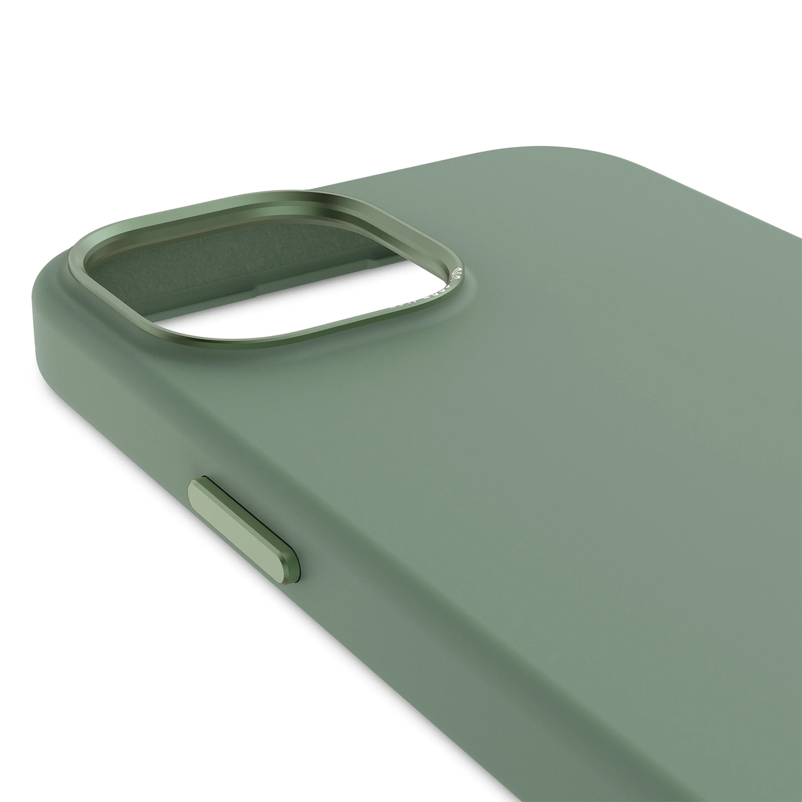Primo piano di una custodia verde per telefono. Il ritaglio della fotocamera ha un bordo metallico. La custodia è su sfondo bianco.