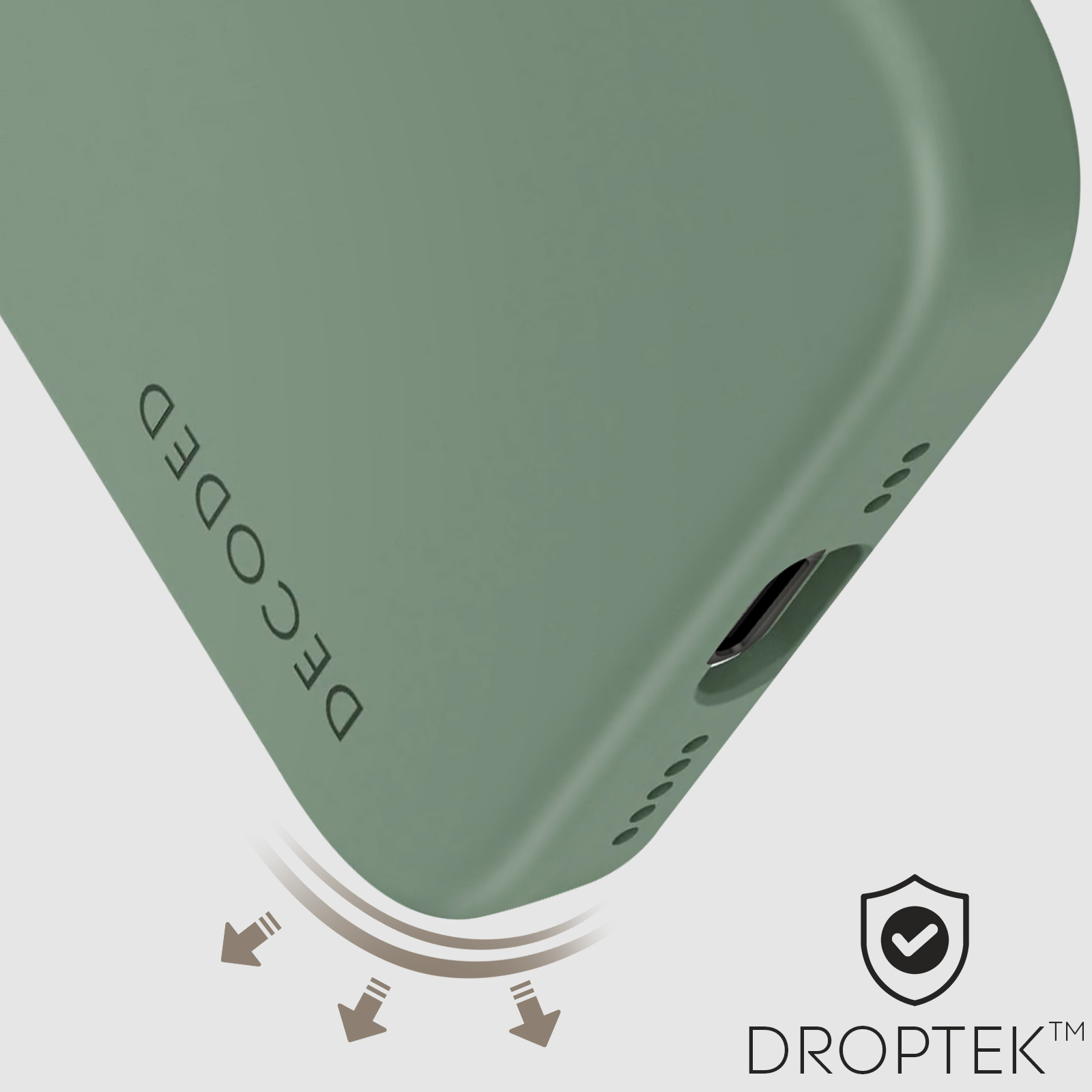 Primo piano di una custodia verde per telefono. DECODED è scritto sul lato, DROPTEK e frecce presenti.