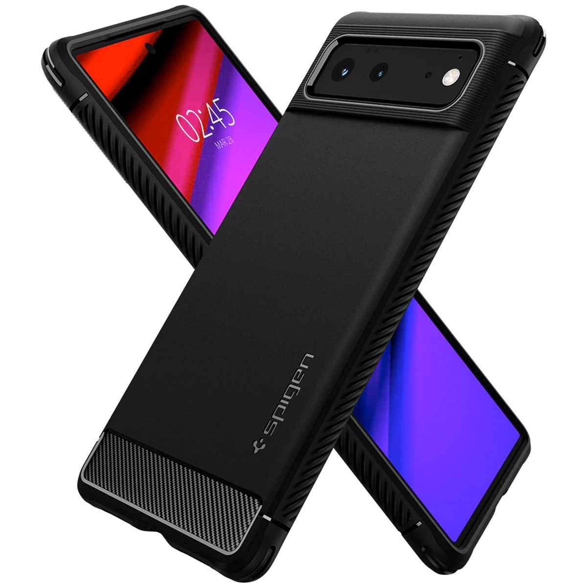 Custodie per telefono nere con un telefono all'interno. Il telefono è angolato, mostrando il retro.