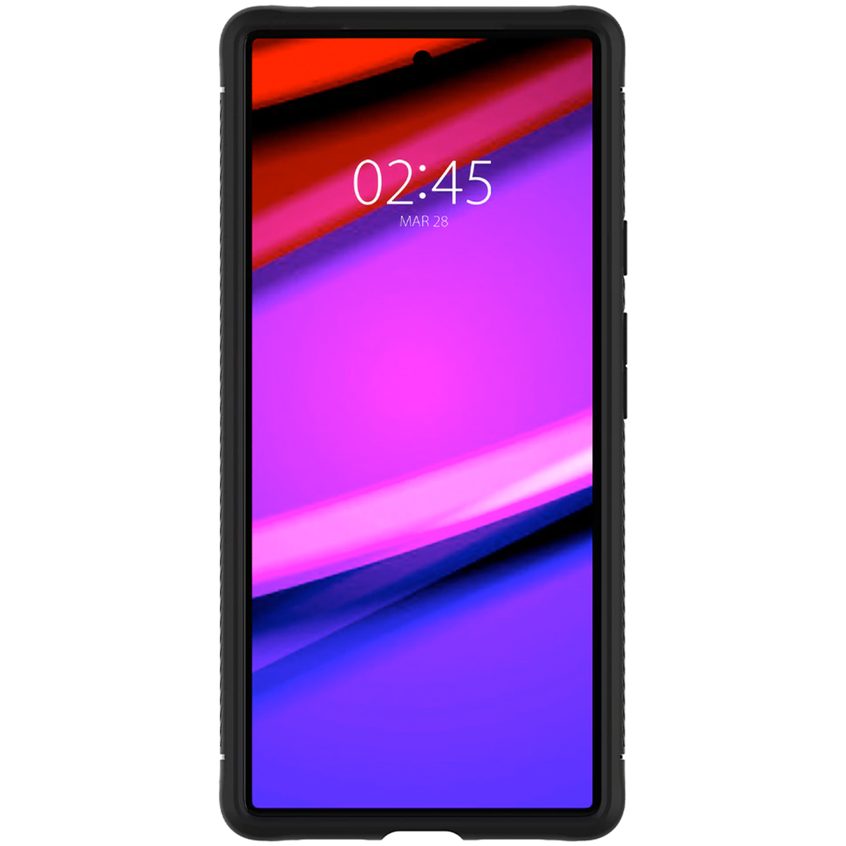 Custodia nera con telefono. Lo schermo mostra data e ora, con sfondo viola.