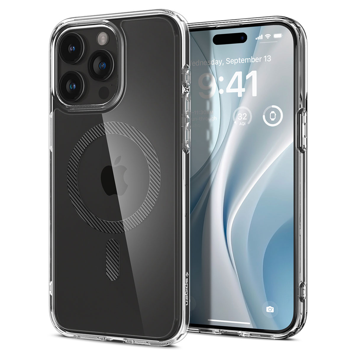 Transparante telefoonhoes met zwarte cirkelvormige magneet. Telefoon heeft Apple-logo, drie lenzen.