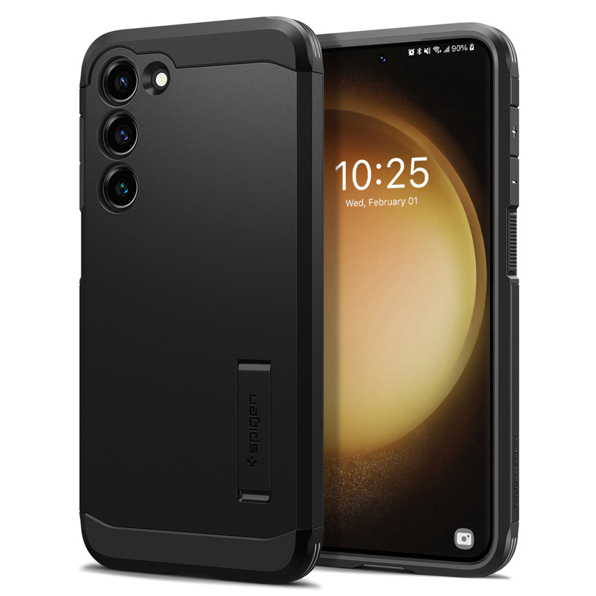 Coque de téléphone noire avec un téléphone à l'intérieur. L'heure et la date sont affichées.