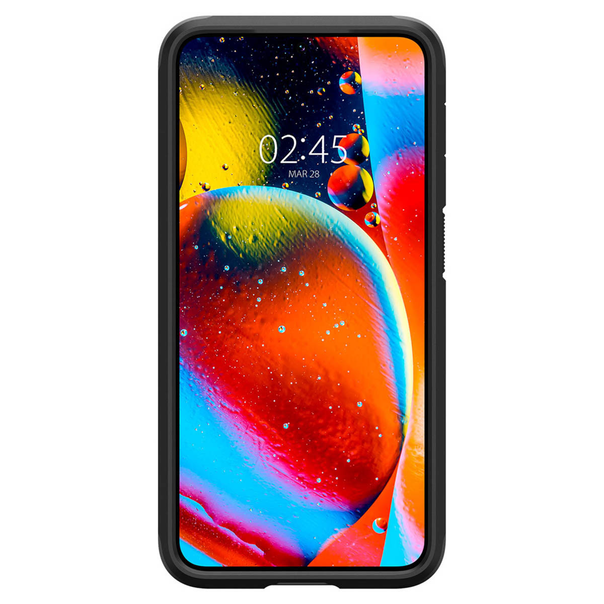 Un écran de smartphone affiche un design abstrait coloré avec l'heure 02:45.