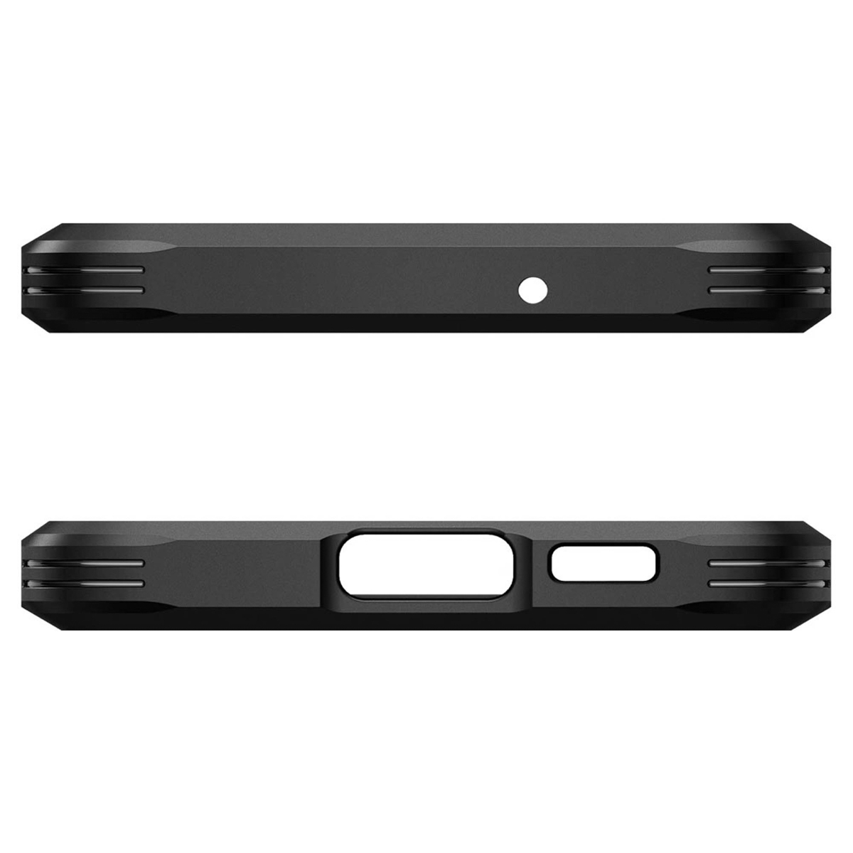 Une coque de téléphone noire, avec des découpes pour les ports et un design strié.