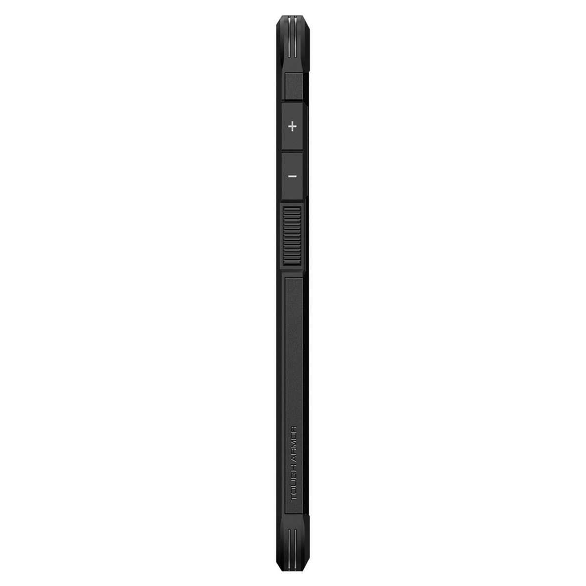 Une coque de téléphone noire. Vue latérale, avec boutons de volume et d'alimentation.