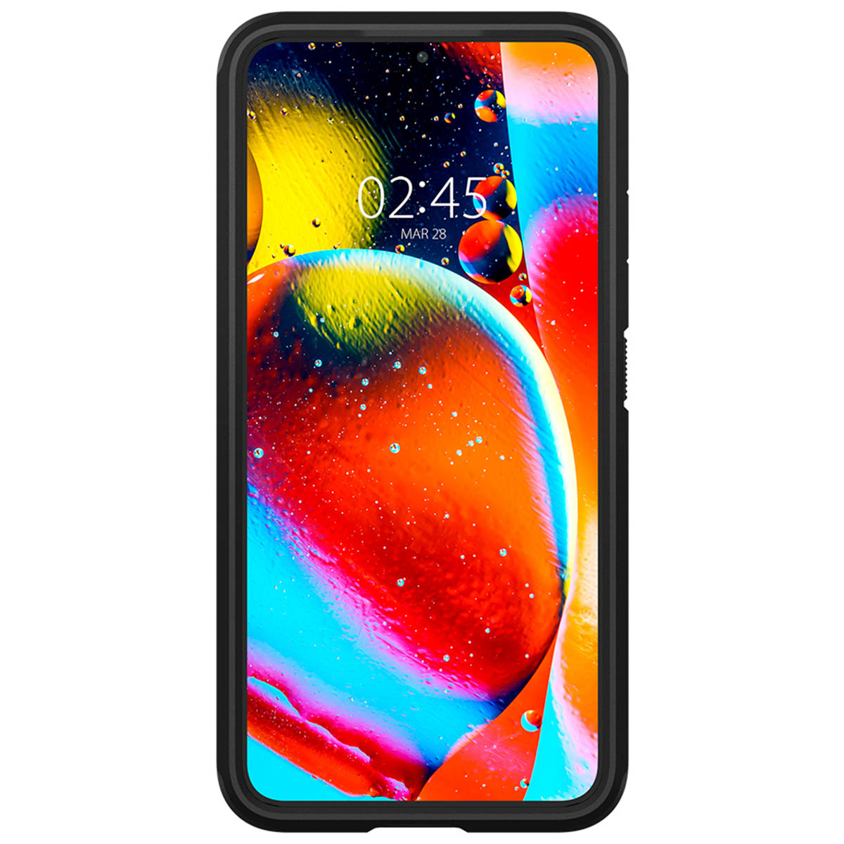 Lo schermo del telefono mostra un design astratto colorato con bolle ed effetti acquatici.