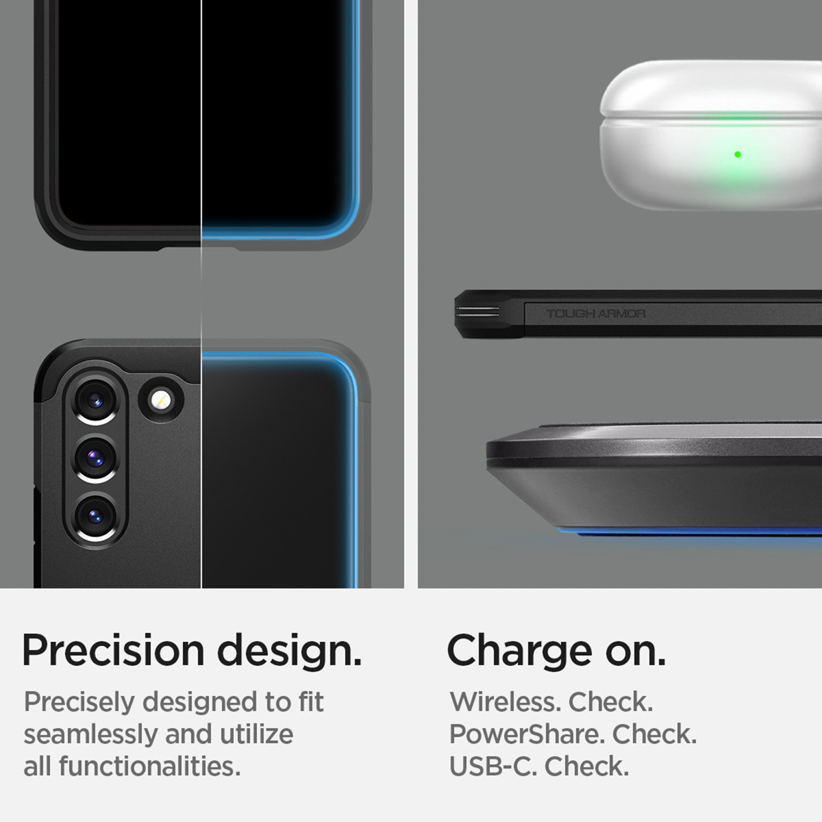 L'immagine mostra le caratteristiche della custodia, design di precisione e ricarica wireless.