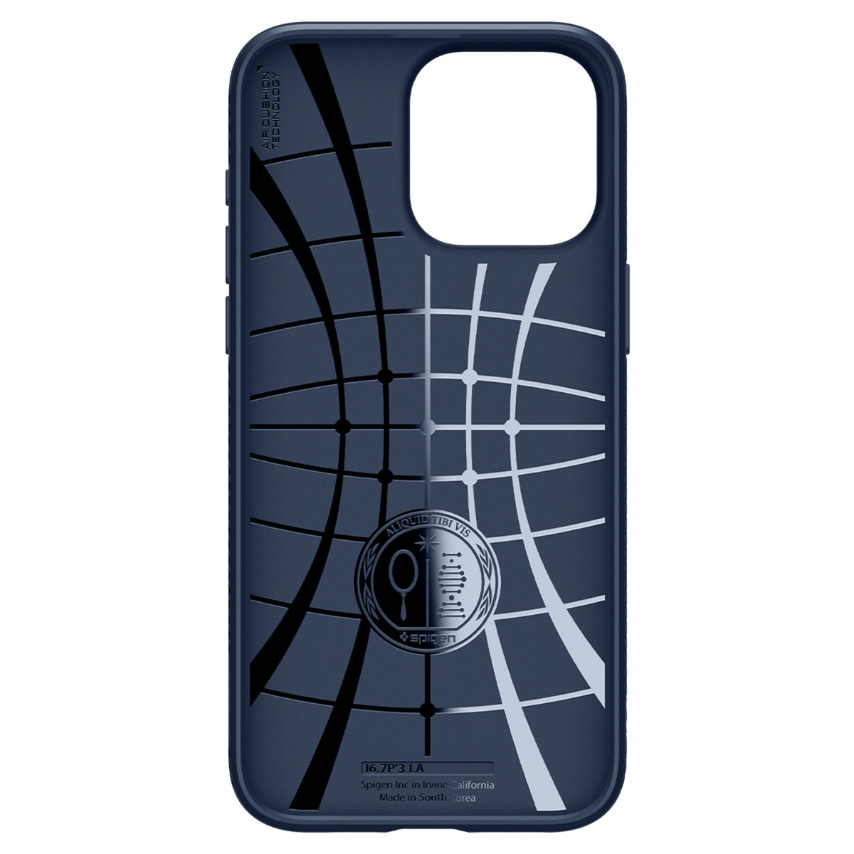 Een blauwzwarte telefoonhoes met een Spigen-logo en een uniek patroon.