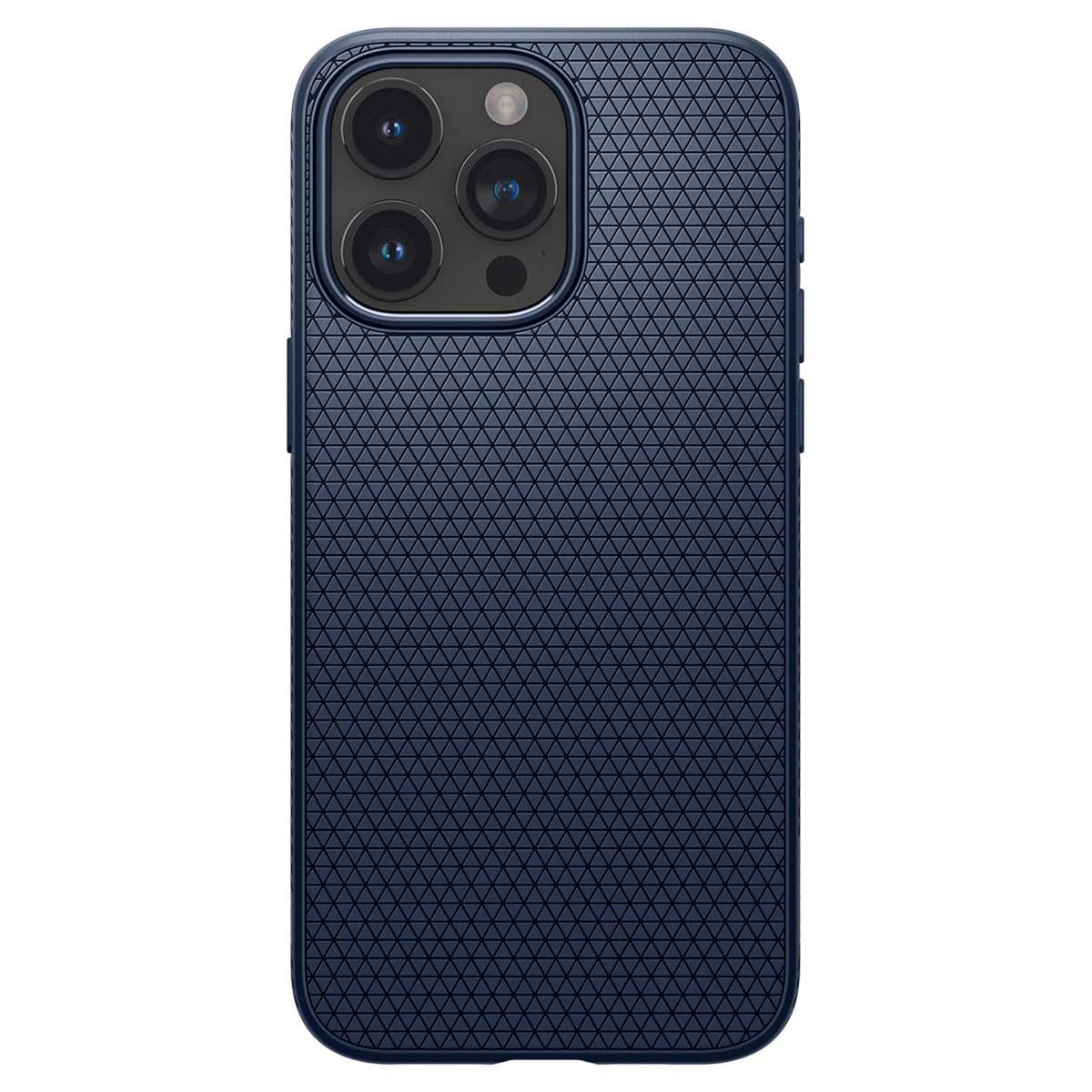 Blauwe telefoonhoes. De hoes is getextureerd en de telefoon heeft drie camera's.