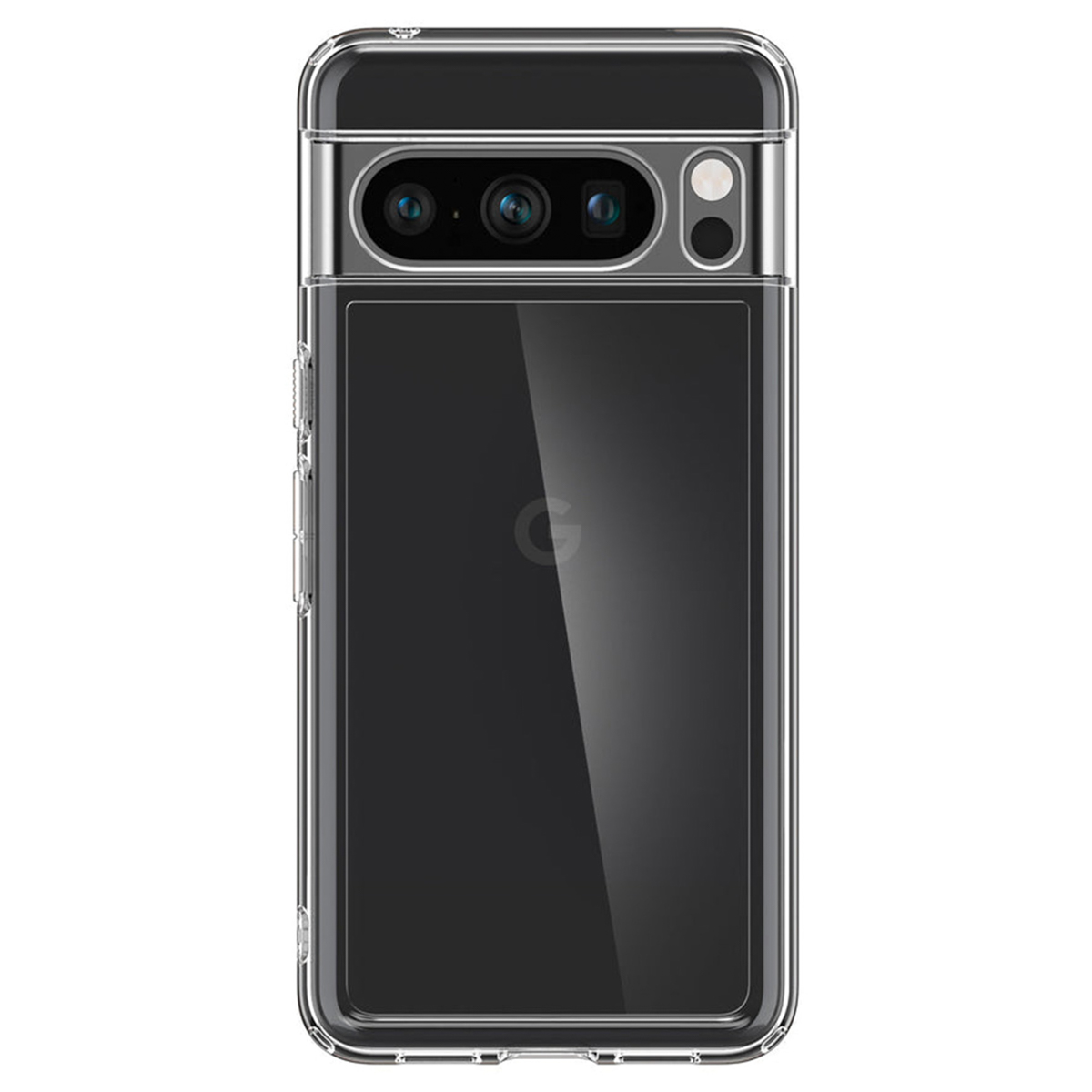 Telefoon in doorzichtige hoes, achteraanzicht, met cameralenzen, een logo en de achterkant van de telefoon.