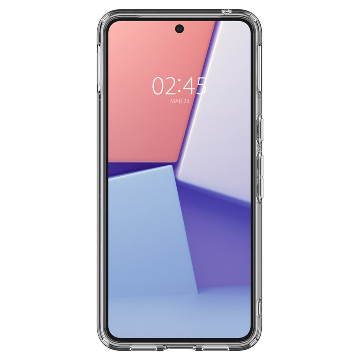 Telefoon in een doorzichtige hoes, scherm toont datum, tijd en geometrisch ontwerp.