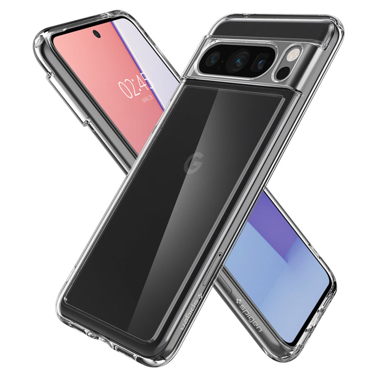 Twee telefoons met overlappende hoesjes, één transparant met een telefoon erin, de ander met de camera.