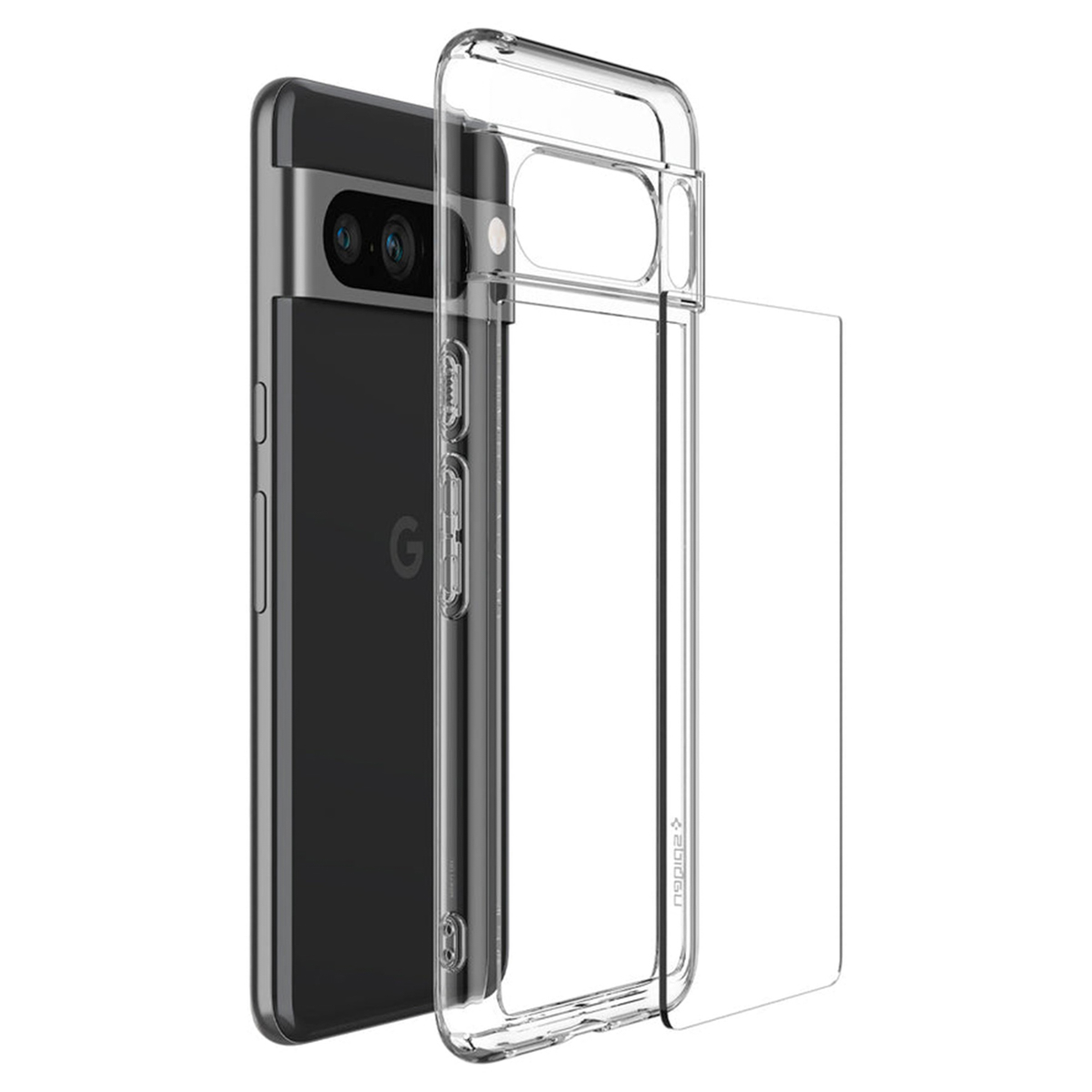 Een telefoon in een doorzichtige hoes. De telefoon en de hoes staan naast elkaar.