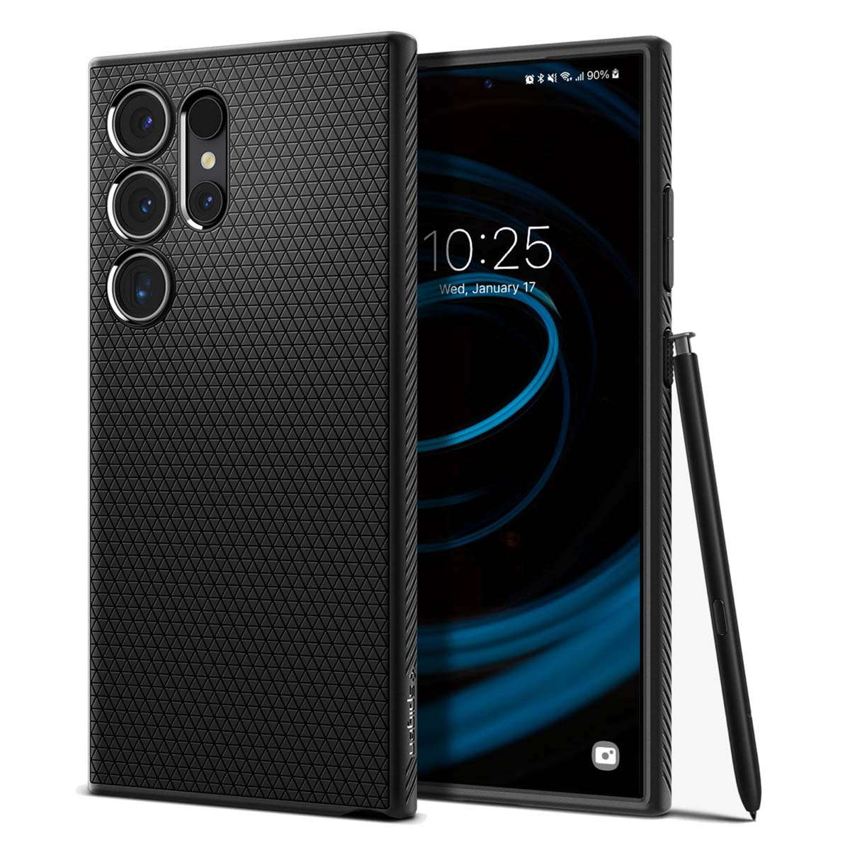 Téléphone noir dans un étui, S Pen noir et étui avec dos texturé, écran allumé.