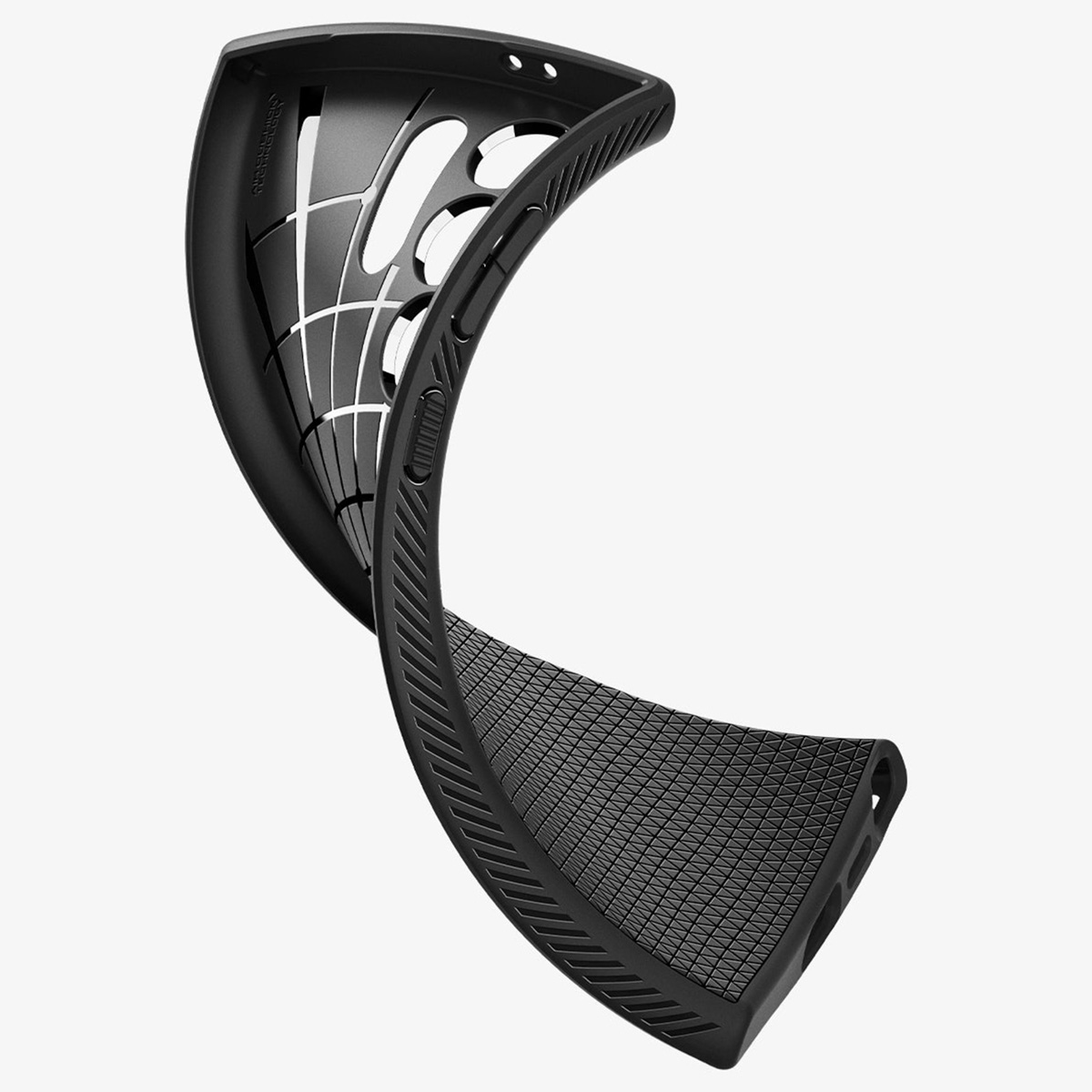 Coque de téléphone noire, flexible, avec un motif texturé sur la surface intérieure.
