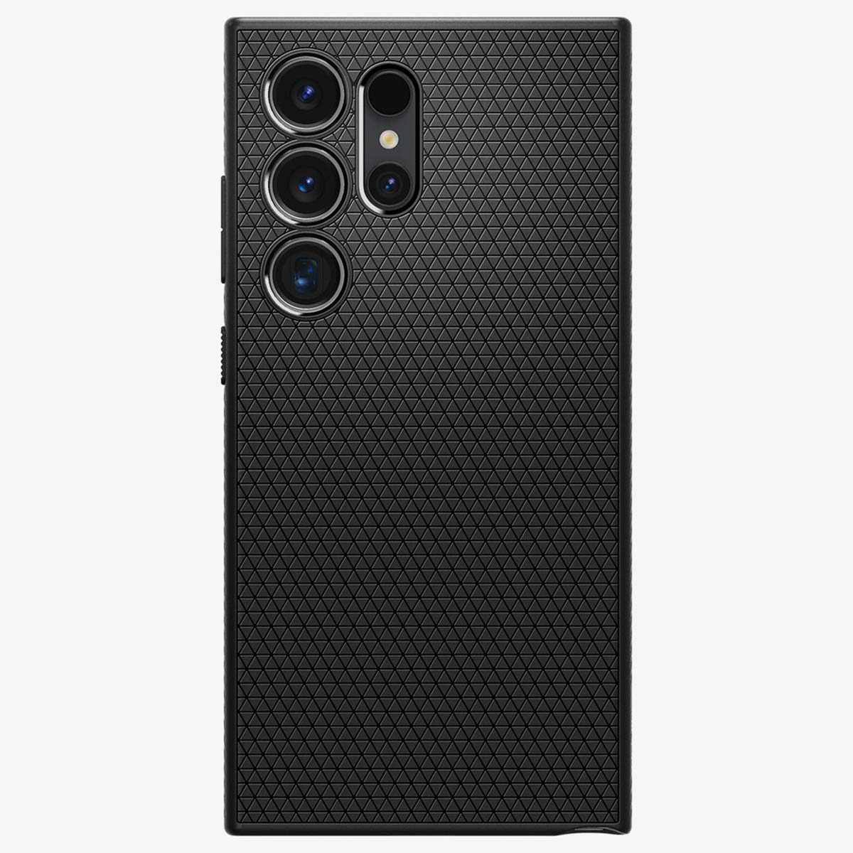 Coque de téléphone noire, texture détaillée, avec trois caméras et un flash. L'arrière est visible.