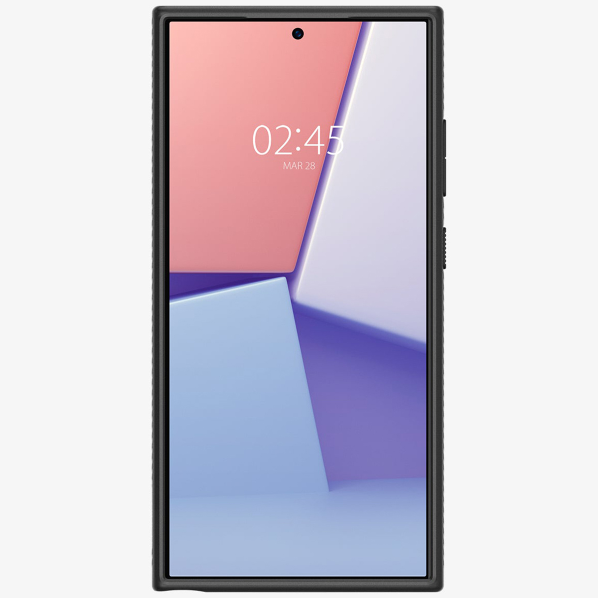 Un téléphone dans un étui noir, montrant un fond géométrique rose et bleu et l'heure.