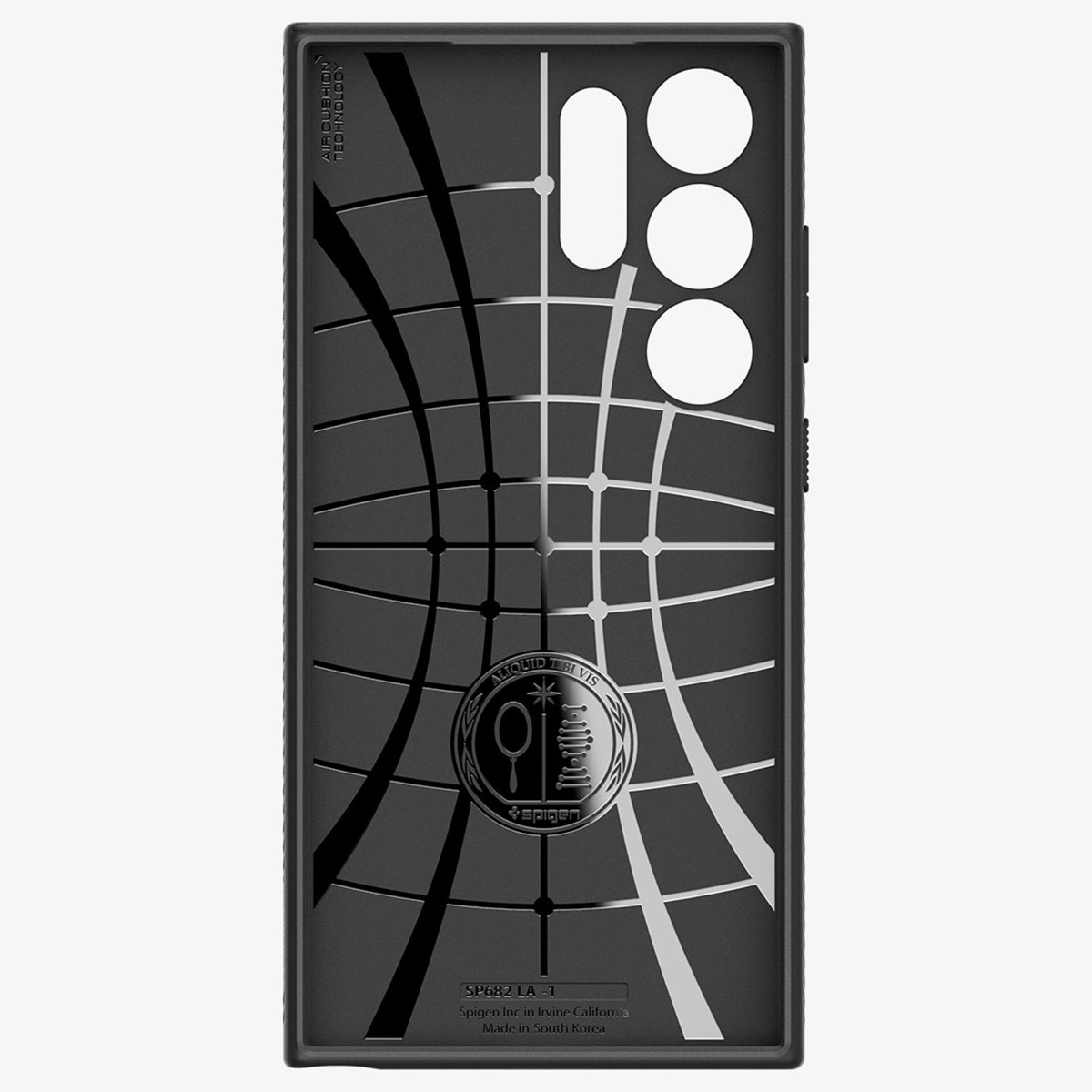 Coque de téléphone noire avec un motif géométrique détaillé. Logo Spigen présent.