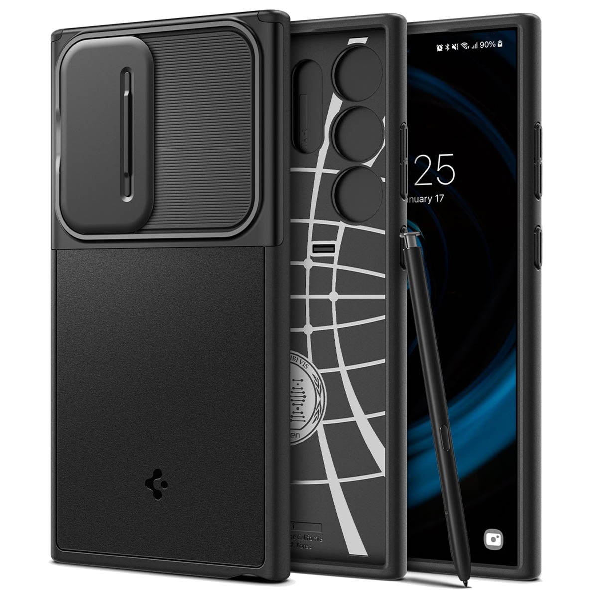 Coque de téléphone noire avec un cache caméra coulissant et un écran de téléphone. Le téléphone affiche une horloge.