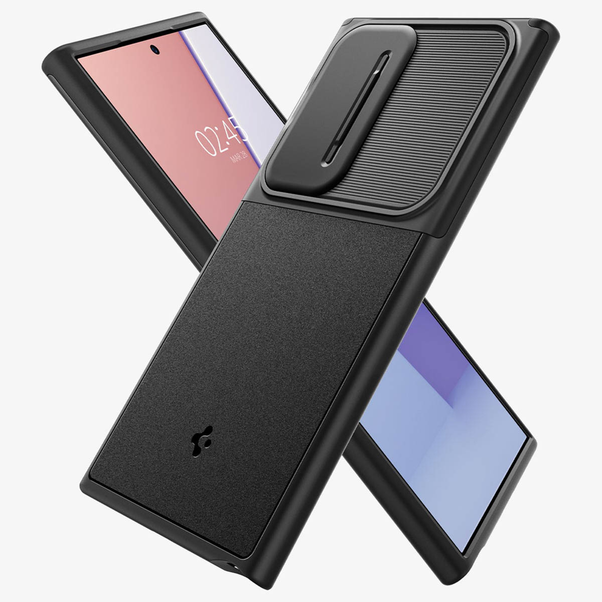 Deux étuis de téléphone noirs avec un téléphone affichant l'heure, sur fond clair.