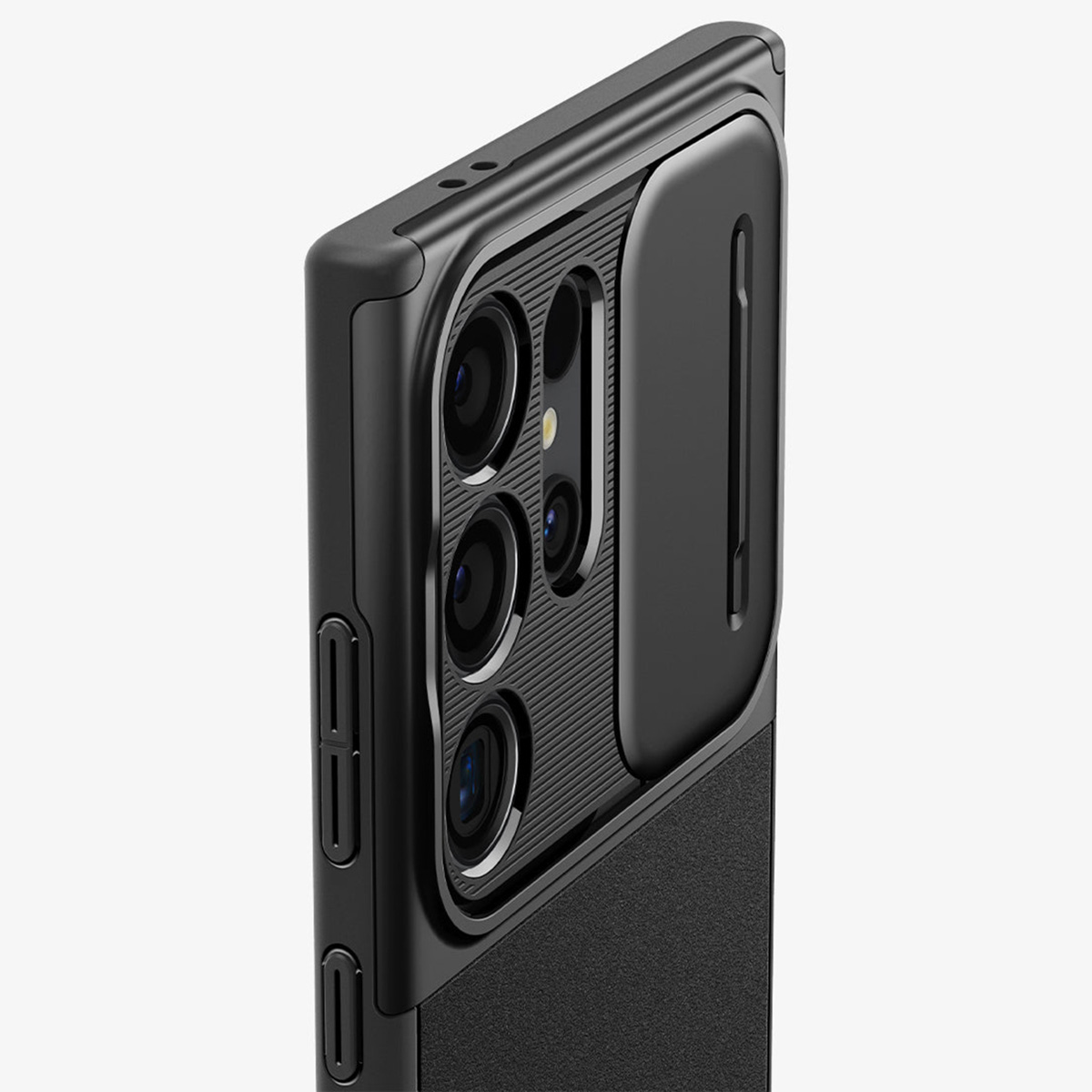Coque noire pour téléphone avec cache coulissant pour appareil photo.