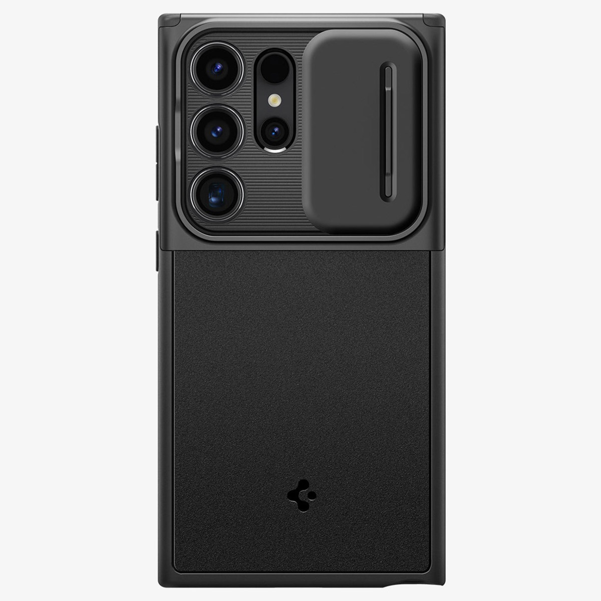 Coque de téléphone noire avec cache caméra. Design rectangulaire avec découpe caméra.