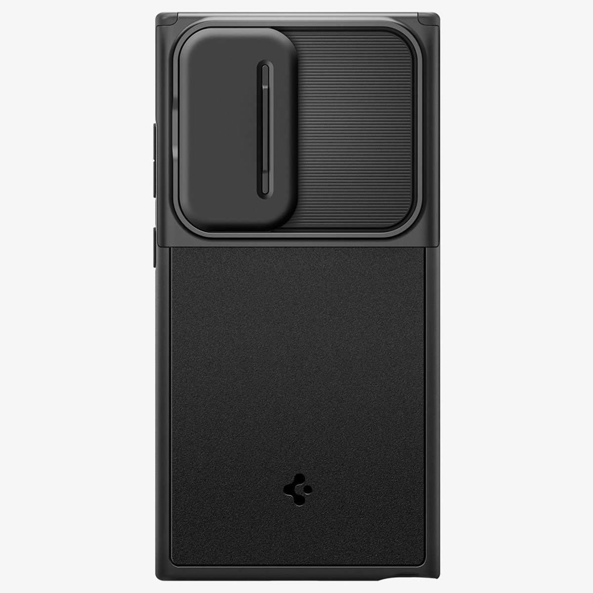 Coque de téléphone noire avec cache caméra coulissant et dos texturé.
