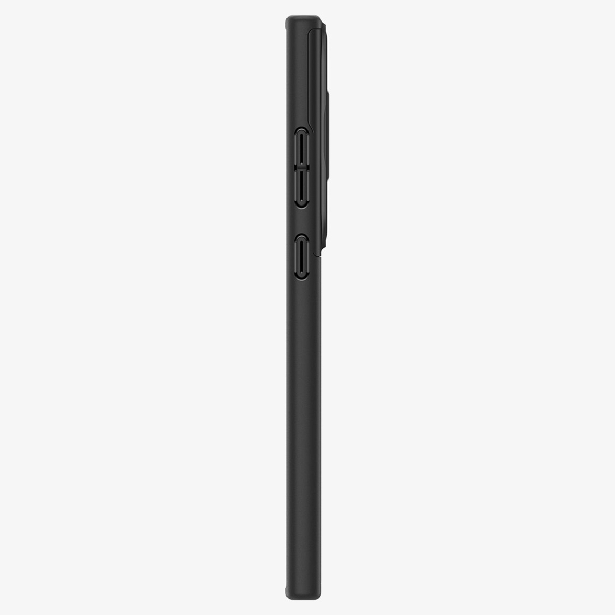 Coque de téléphone noire. Vue latérale montrant les boutons de volume et d'alimentation.
