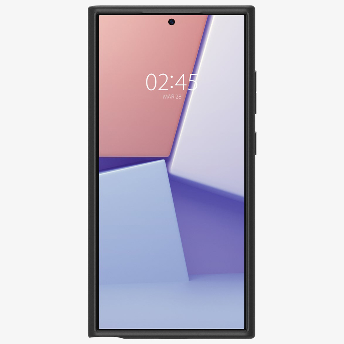 Téléphone dans un étui noir, vue de face, écran affichant un design géométrique coloré.