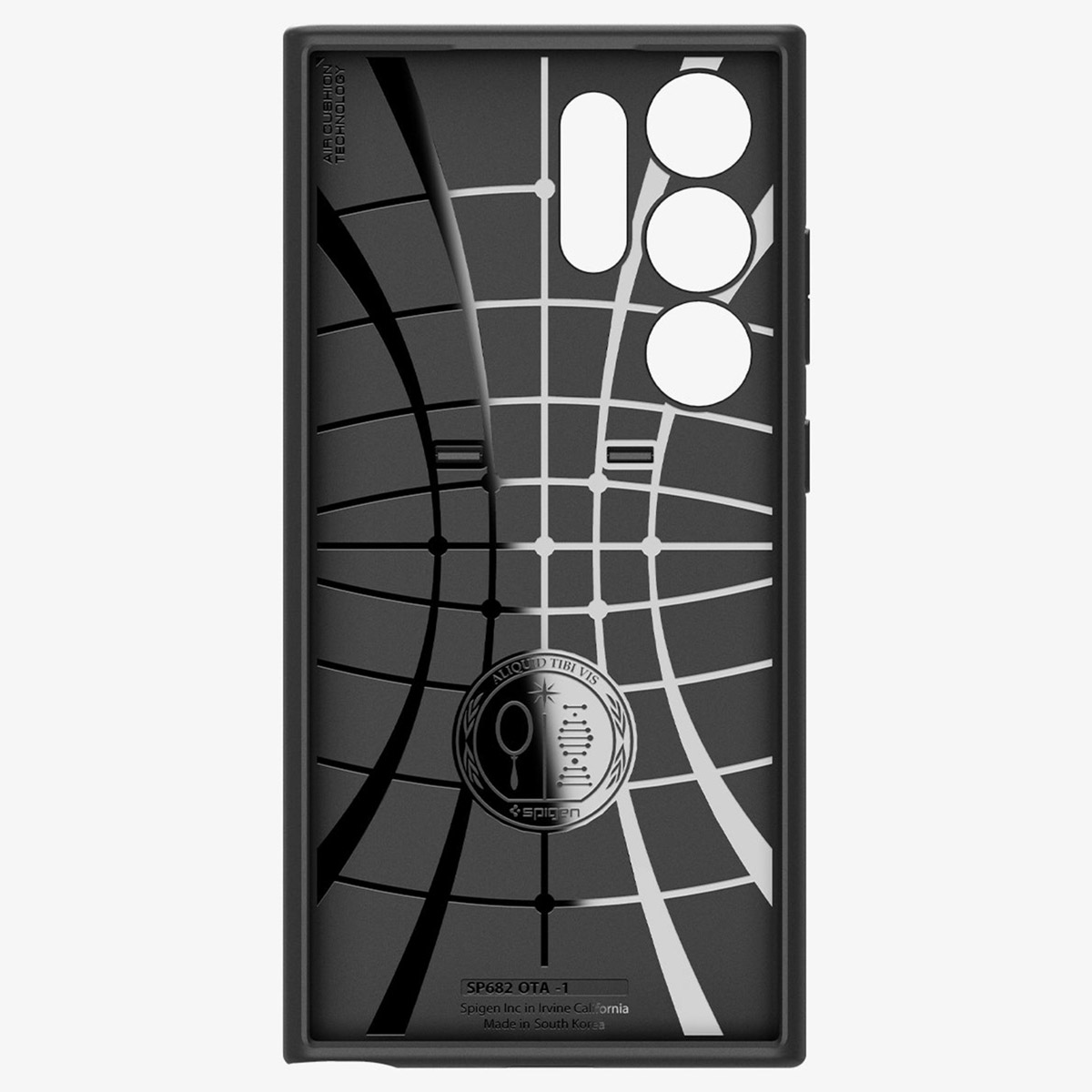 Dos d'une coque noire avec motif quadrillé blanc et logo Spigen. La technologie Air Cushion est étiquetée.