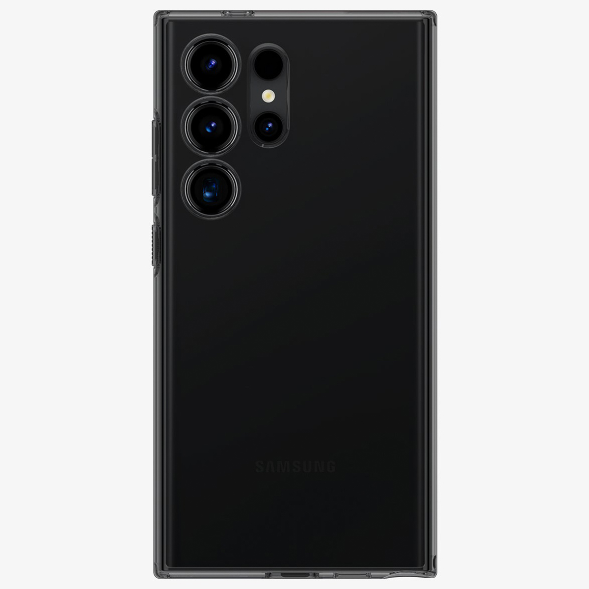 Zwarte telefoonachterkant met meerdere camera's, in een doorzichtige beschermhoes.