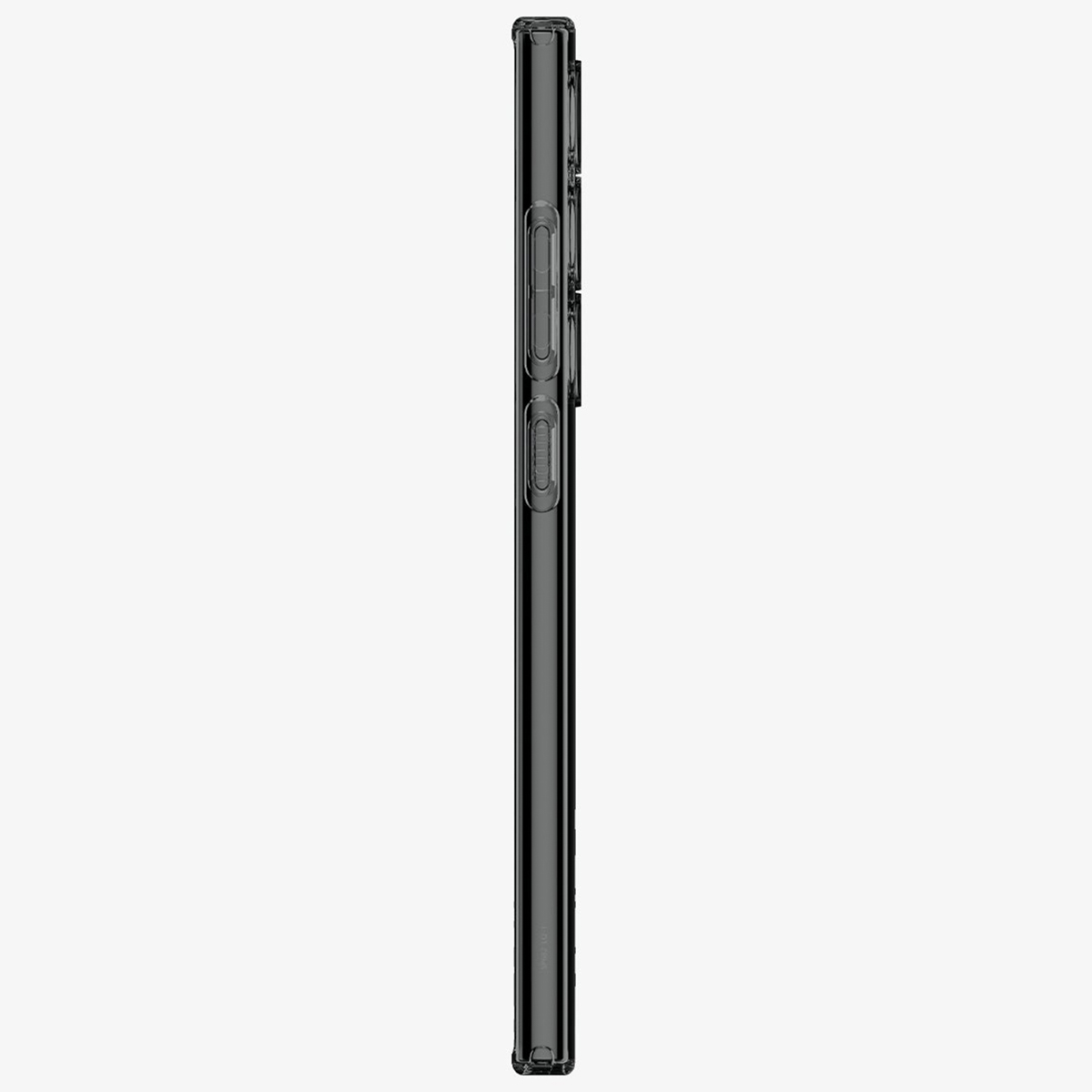 Een doorzichtige telefoonhoes met een zijaanzicht van de telefoon, met zijknoppen.