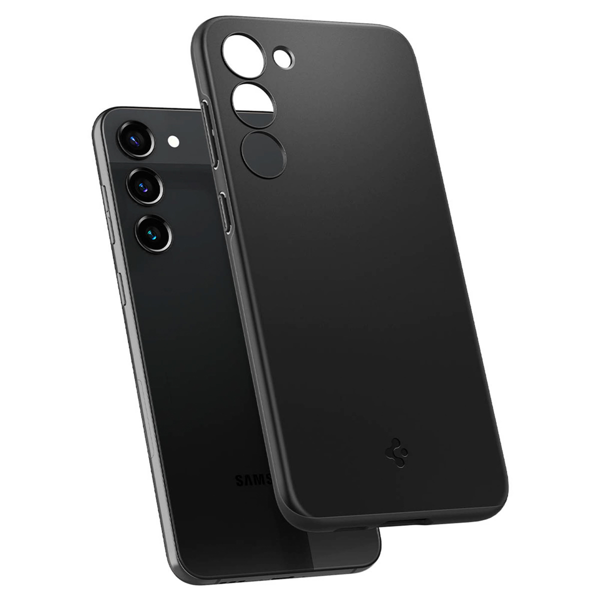 Due telefoni neri con custodia, uno con lo schermo visibile. Entrambi i telefoni hanno più fotocamere.