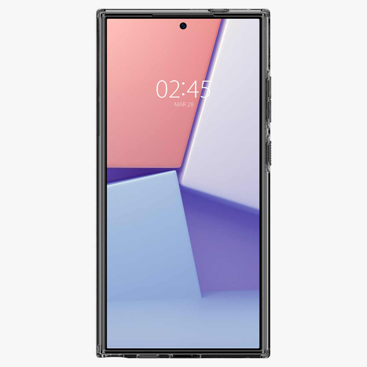 Telefoon in doorzichtige hoes, scherm aan, met tijd en abstracte geometrische roze, witte en blauwe vormen.