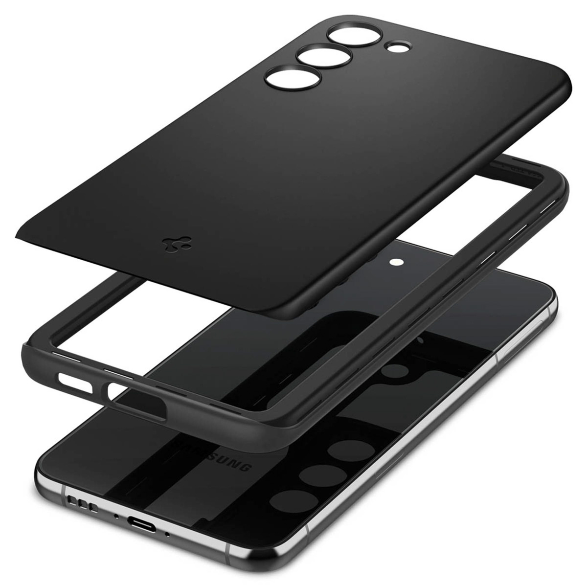 Telefono nero con componenti separati. Cornice nera, cover posteriore e corpo del telefono.