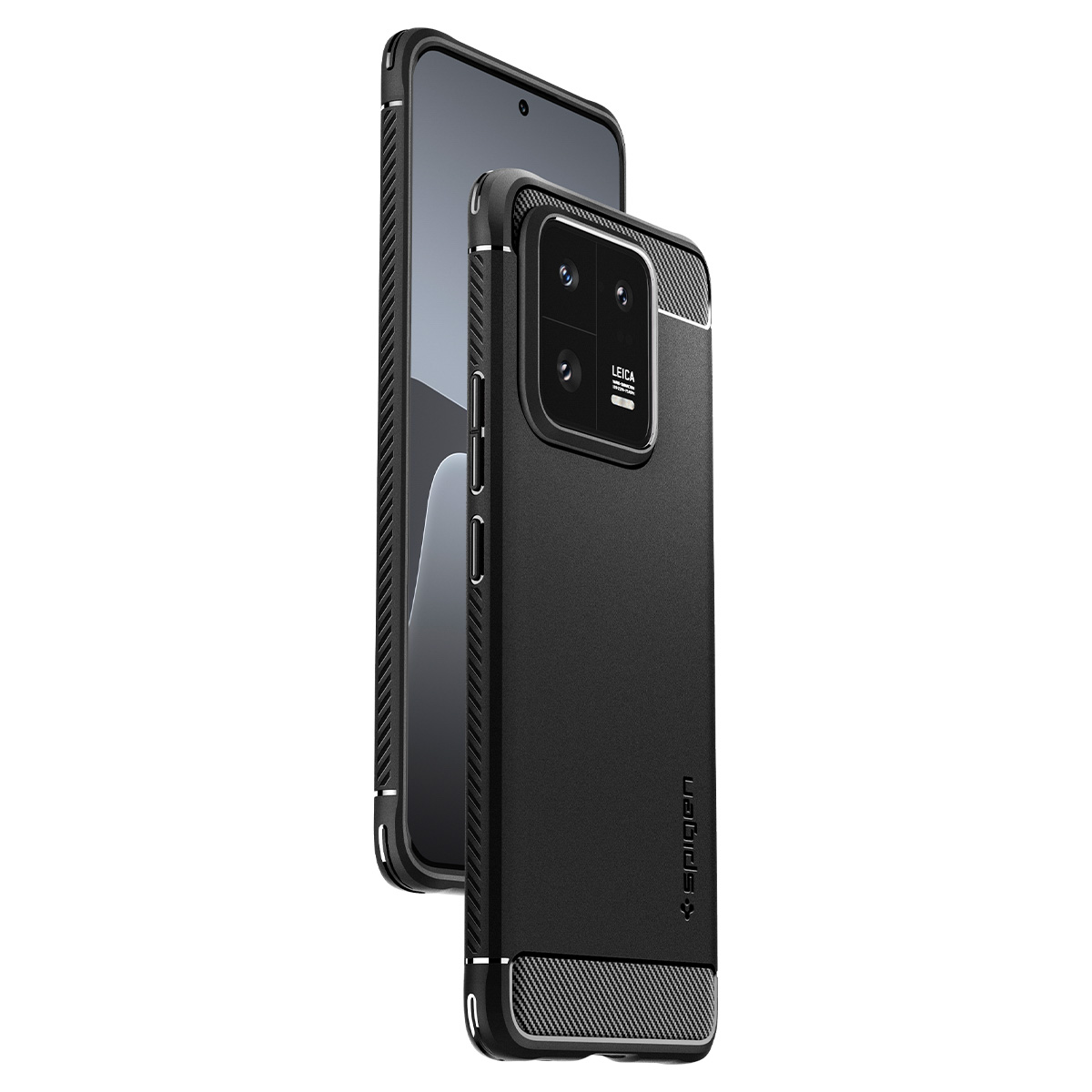 Una custodia nera per telefono con un telefono. La custodia ha il marchio Leica.