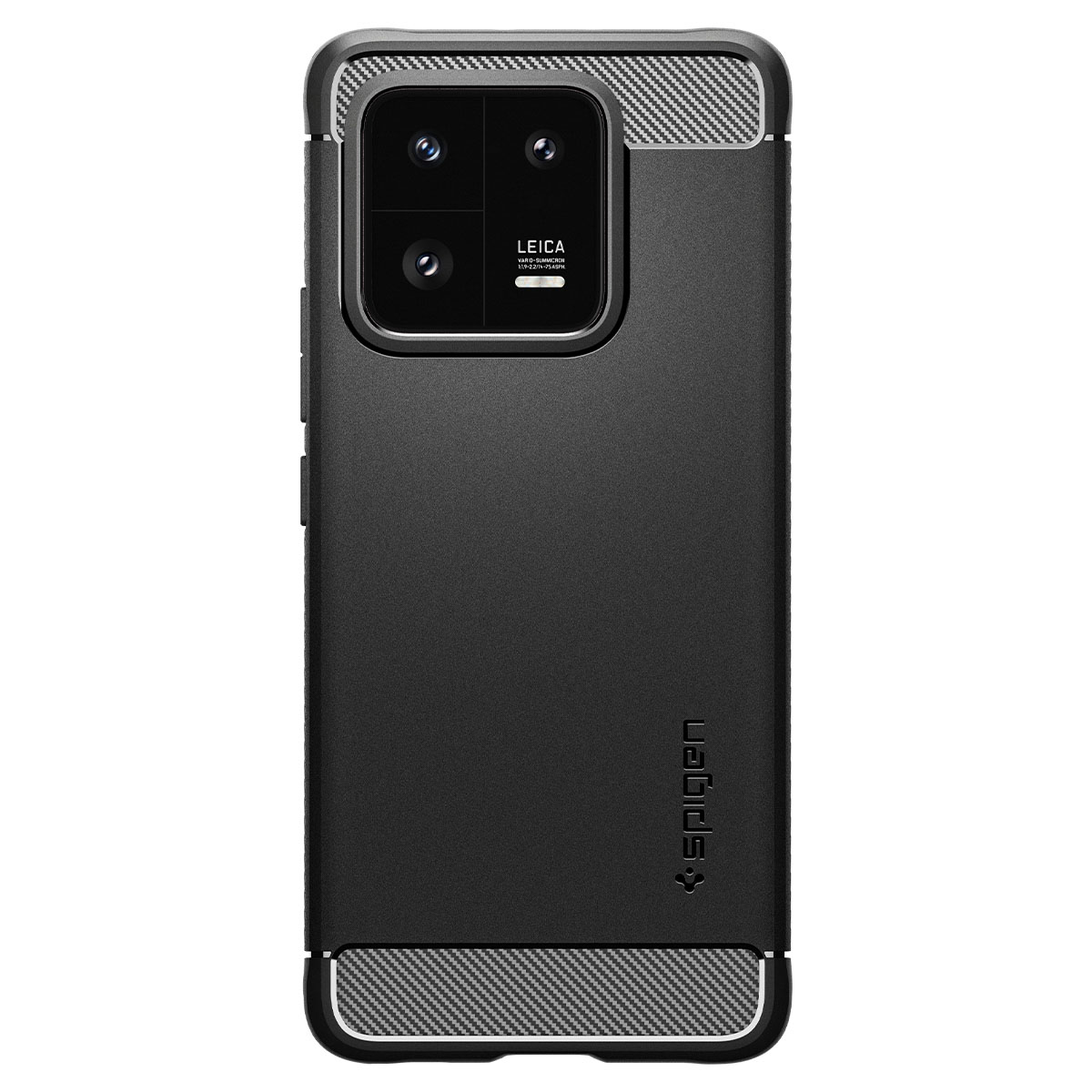 Custodia nera per telefono con un telefono. La parte posteriore del telefono ha fotocamere Leica e logo Spigen.