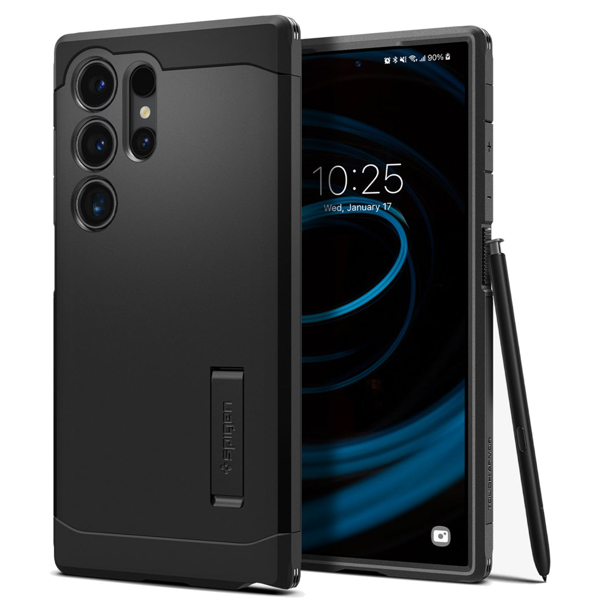 Zwarte telefoonhoes met een telefoon. Toont de tijd op het telefoonscherm. Telefoon en hoes zijn zwart.