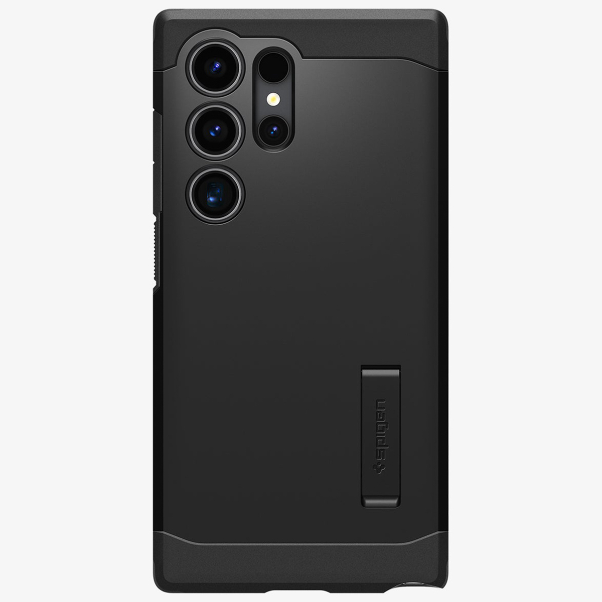 Zwarte telefoonhoes met telefoon. Achterkant van de telefoon toont meerdere camera's en Spigen-logo.