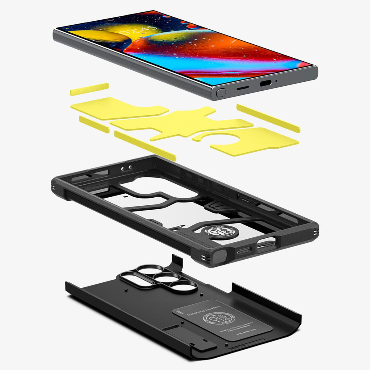 Exploded view van telefooncomponenten met de hoes.