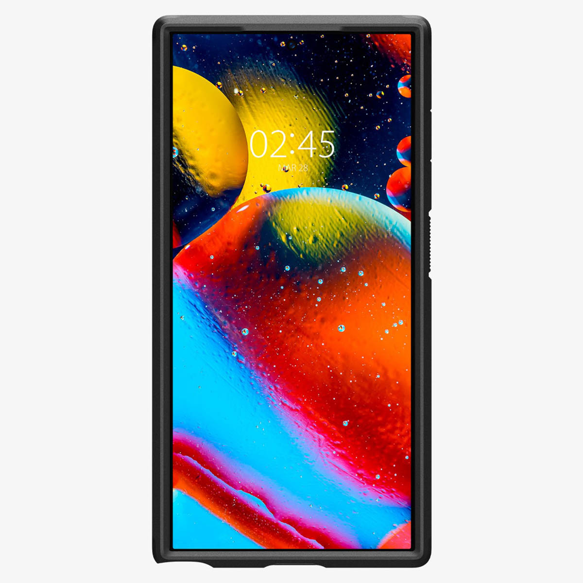 Zwart telefoonscherm met kleurrijke abstracte kunst. Tijd en datum zichtbaar.