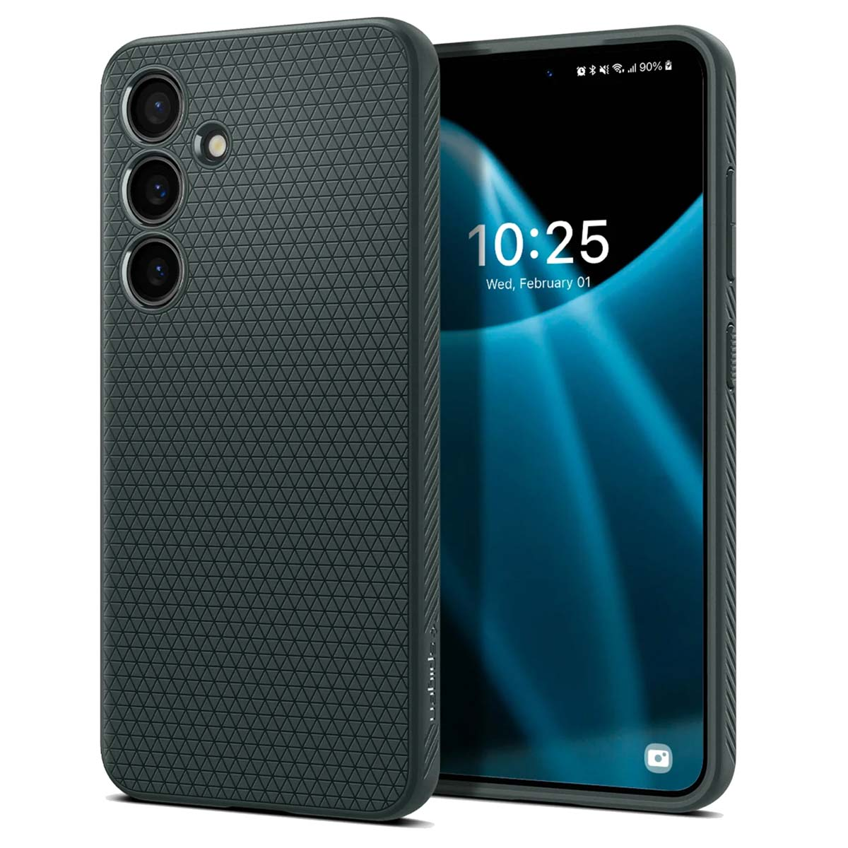 Donkergrijze telefoonhoes met driehoekpatroon. Telefoon met tijd en datum op het scherm.