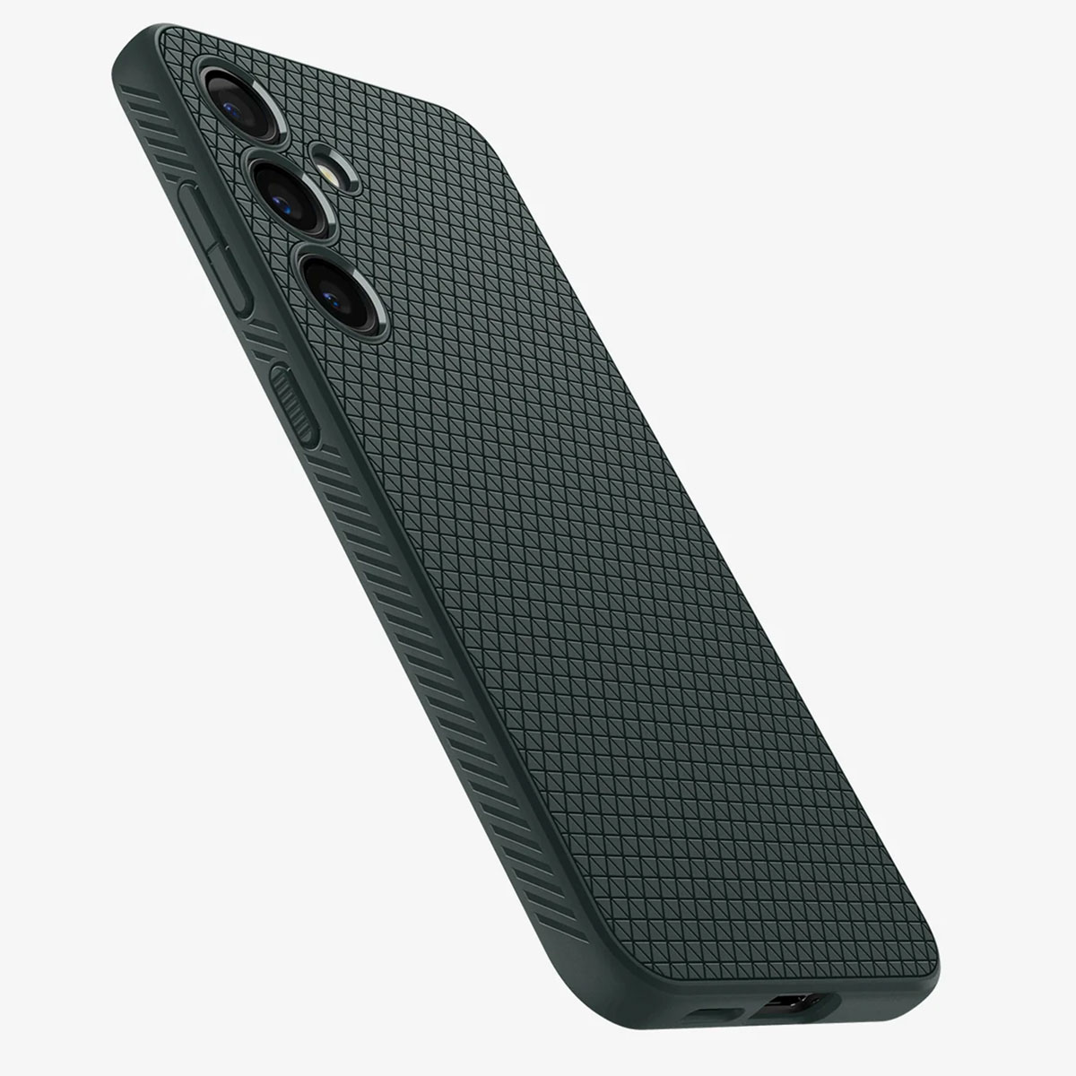 Donkergroene telefoonhoes met diamantpatroon. Hoes is schuin, toont cameralenzen.