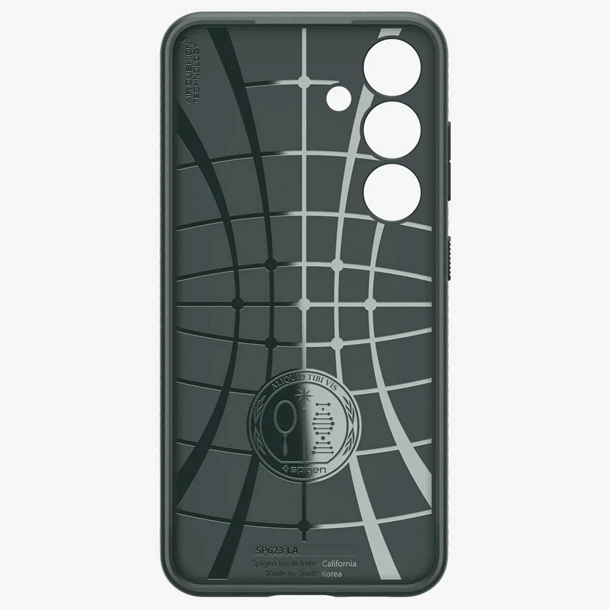 Binnenkant van de telefoonhoes, met een gedetailleerd rasterpatroon en het Spigen-logo.