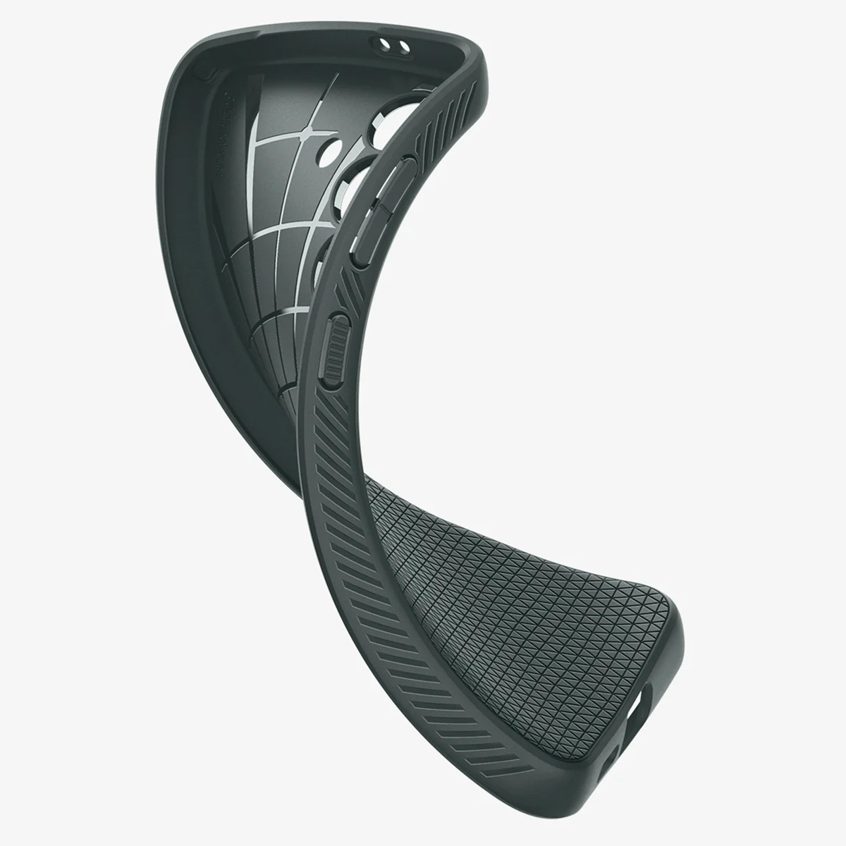 Donkergrijze telefoonhoes, flexibel ontwerp. Interieur met rasterpatroon voor schokabsorptie.