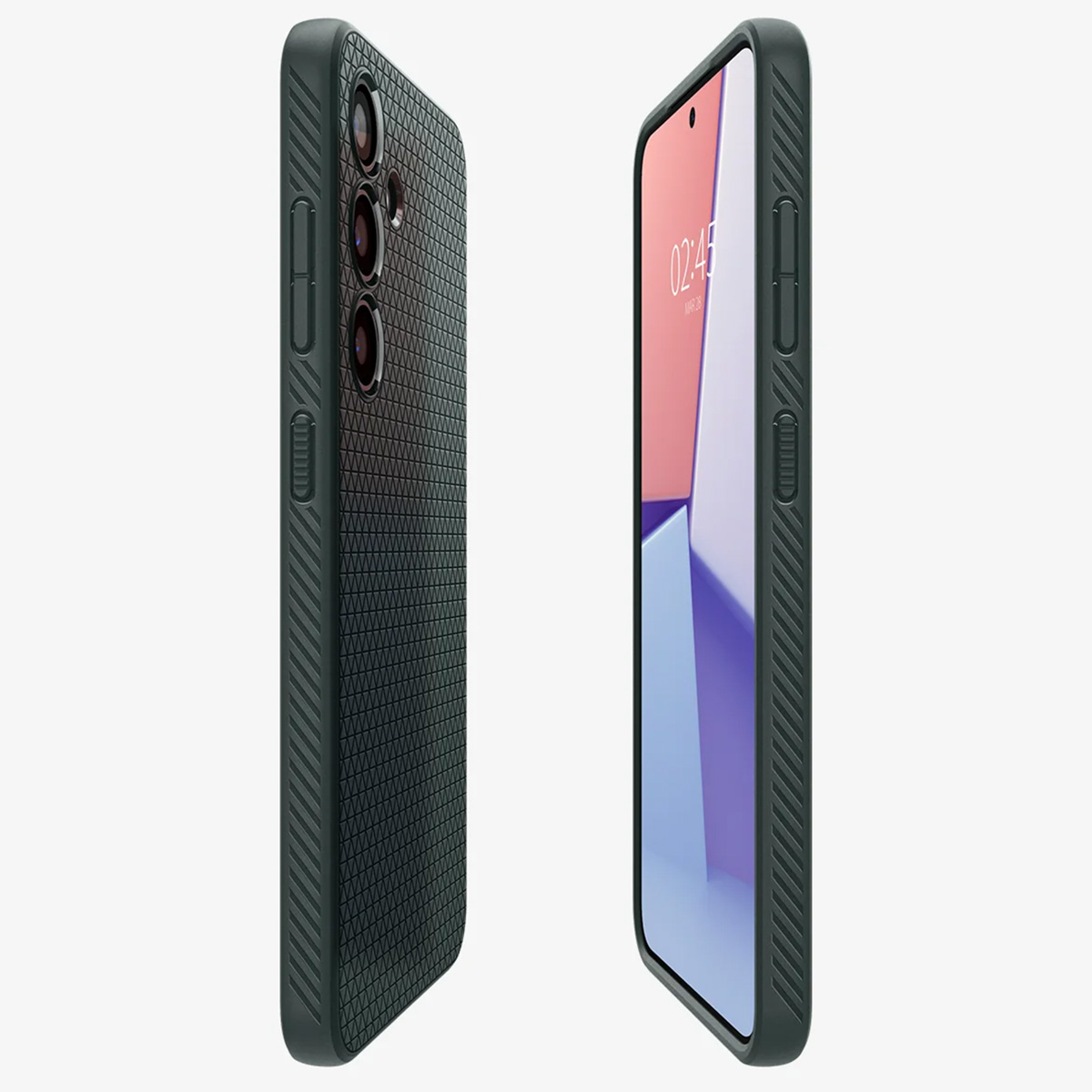 Twee donkere telefoonhoesjes met textuur. Eén toont camera's, de andere het scherm.