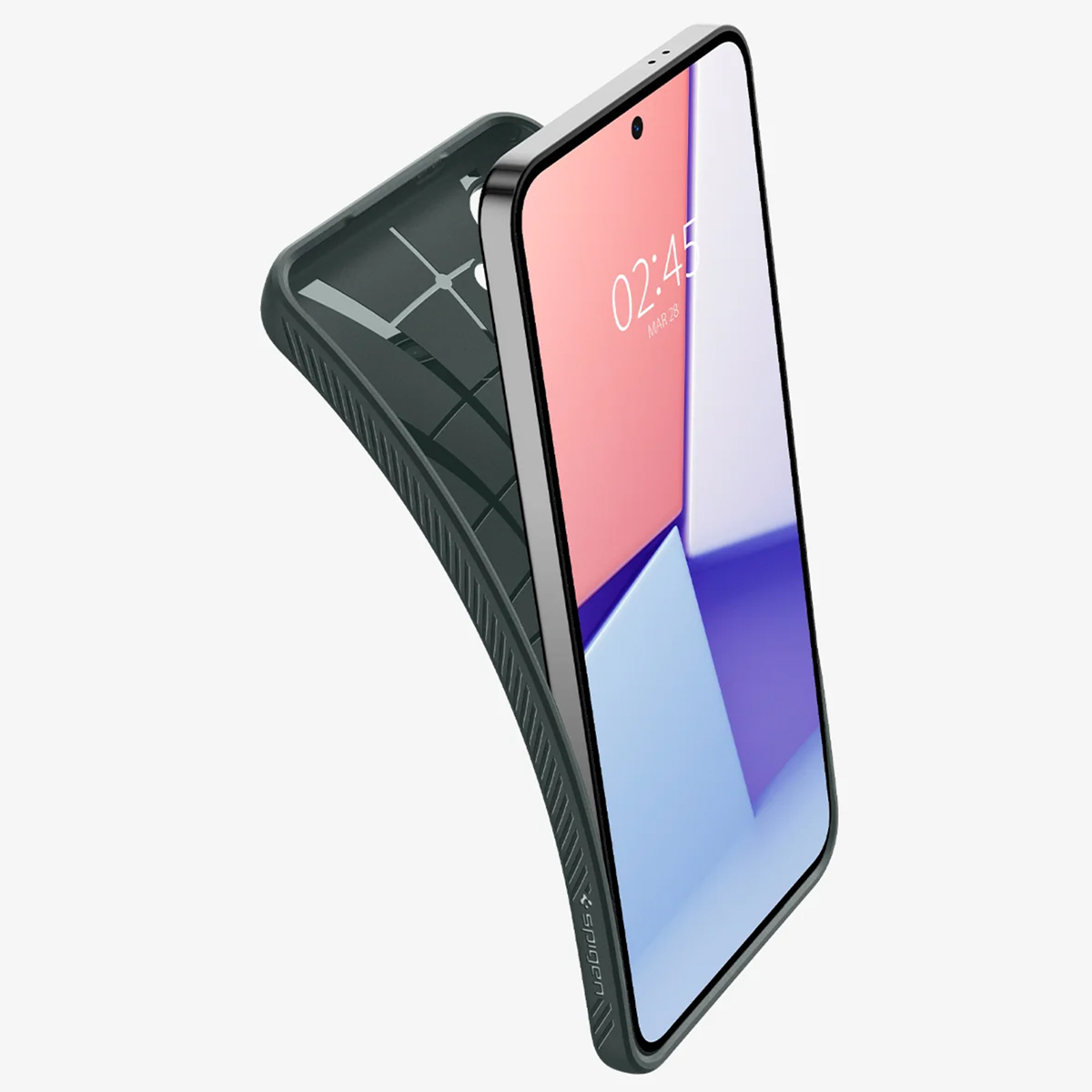 Telefoon in hoesje, scherm schuin, tijd, datum en patroon tonend, met de hoes.